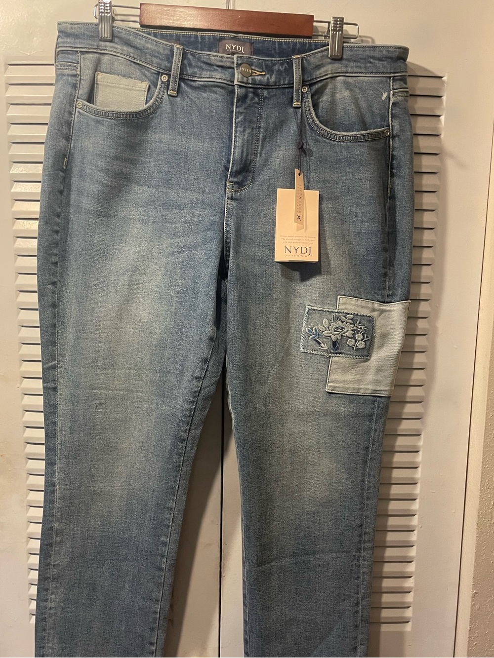 NYDJ Light Blue Margot Girlfriend Jeans with Floral Patch